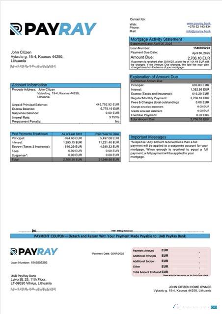 Download Lithuania UAB PayRay Bank mortgage statement Word and PDF template Photoshop template